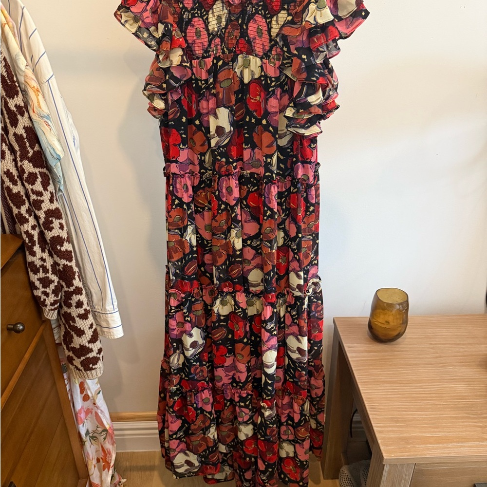 Cinq a Sept Red Ruffled Maxi Dress with Flutter Sleeves